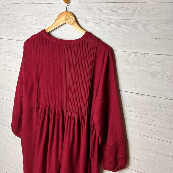 J Jill Tunic Dress Womens Size Large Red Burgundy Pintucked V Neck Long Sleeve - Picture 10 of 16